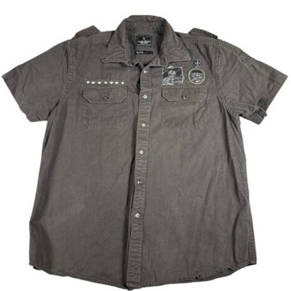 Marc Ecko Shirt Mens Large Grey Short Sleeve Military Button Up Skull Patches